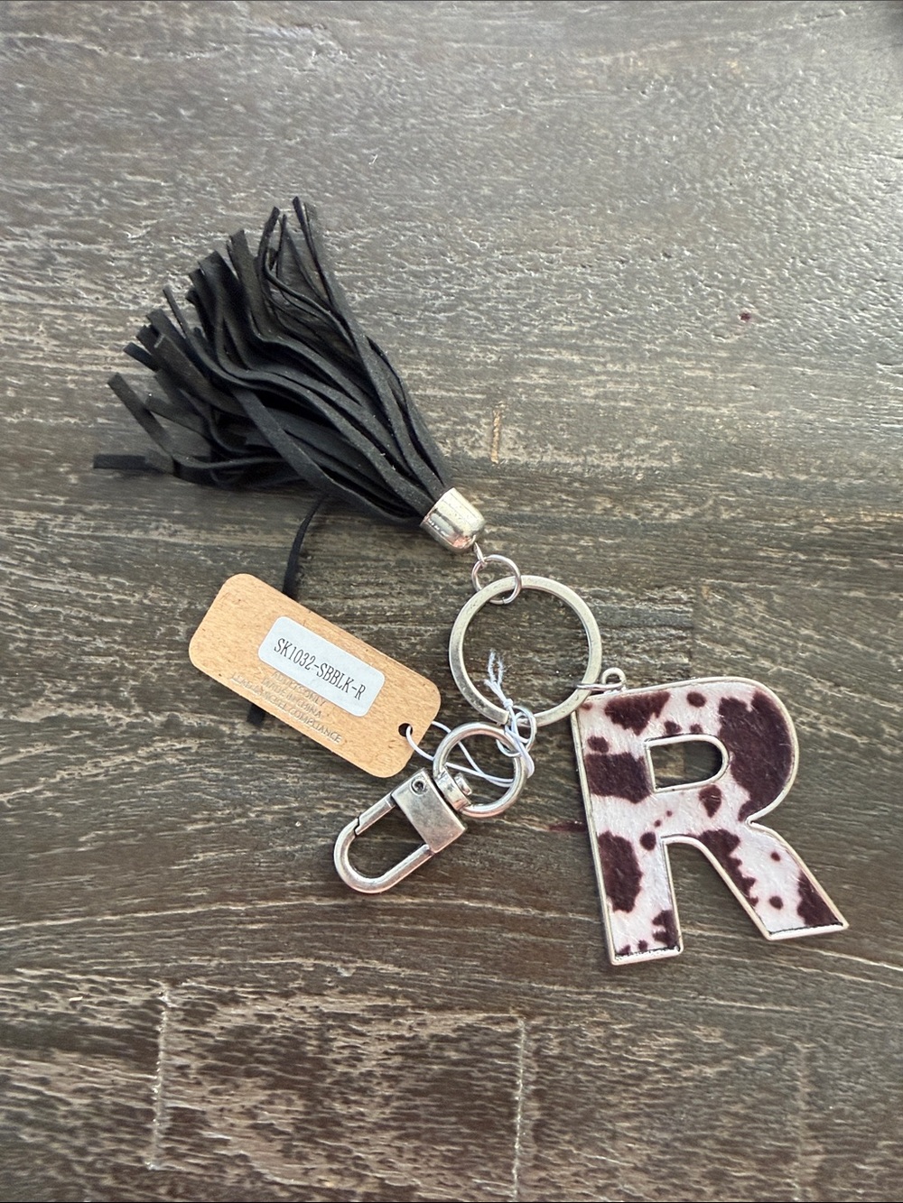 Personalized Cowhide Letter R Keychain with Black Tassel